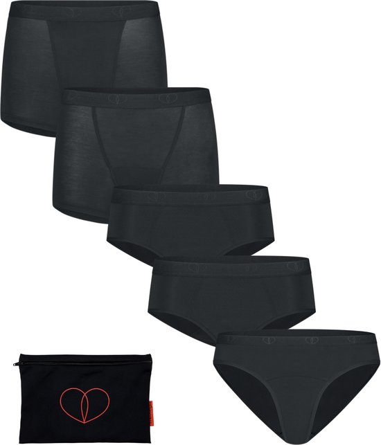Moodies menstruatie ondergoed (meiden) - bundel bamboe - 5 stuks - meiden - zwart - maat XXS (140-146) - period underwear