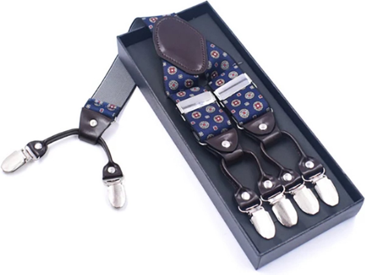 Bretels Heren - 6 Stevige Clips -Blauw/Geel Speels Motief - Donkerbruin Leer - 3,5 cm
