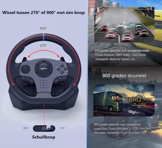PXN - V9 - Race Stuur - Met Pedalen en Shifter - 270/900°- Game Stuur - Geschikt voor - PS4 - Xbox One - PC - Xbox Series X|S - PS3 - Met App