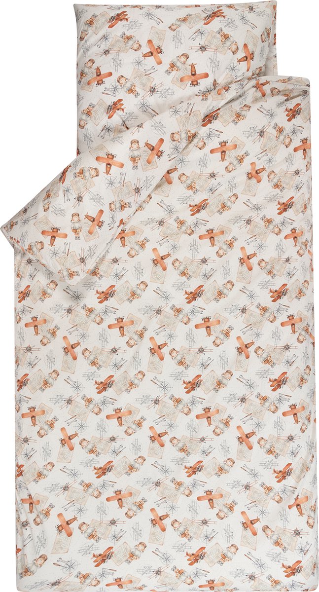 BINK Bedding Dekbedovertrek Raf 1-persoons 140 x 220 cm - Kussensloop 60 x 70 cm - tweezijdig - piloot - vliegtuig - wereldreiziger - ecru - beige - oranje - terra - grijs - kleuter - junior - 1 persoons