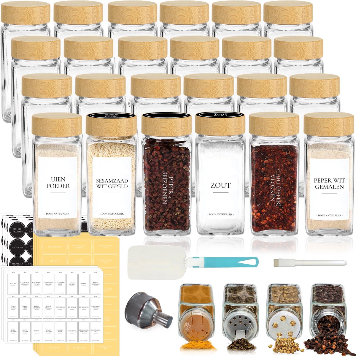 Soothe 24 Glazen Kruidenpotjes Vierkant met Bamboe Deksel – 2 Soorten Strooideksels – Kruidenstrooier – Spice Jars – Complete Set incl Kruiden Stickers, Krijtstift en Accessoires – 120ml op Prijzenvolger.com