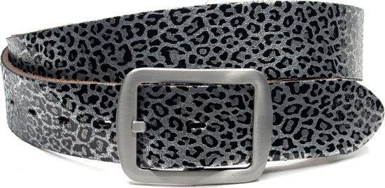 Thimbly Belts Dames riem luipaard zilver - dames riem - 4 cm breed - Zilver / Zwart - Echt Leer - Taille: 90cm - Totale lengte riem: 105cm