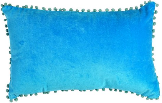 Velours sierkussen blauw met mint groene pompons 33x50cm