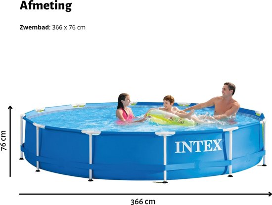 Piscine Intex Round Frame - 366 x 76 cm - Blauw - Avec bâche, kit d'entretien, pompe de filtration et Carrelages de sol