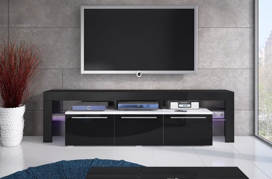 RTV Beta 150 Plus TV-meubel, met LED-verlichting, woonkamermeubel, breedte 200 cm, wit + zwart - Maxi Maja