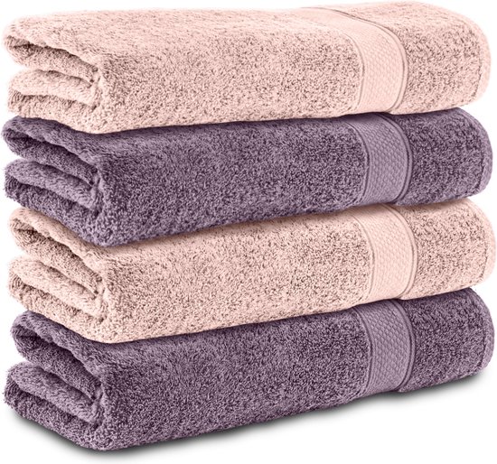 Komfortec handdoeken – Set van 4 - Badhanddoek 70x140 cm - 100% Katoen – Roze&Violet