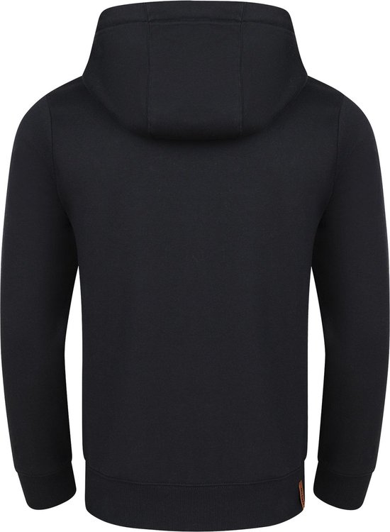 Zwarte hoodie van achteren gezien, met capuchon en lange mouwen.