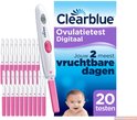 Clearblue digitale ovulatietest met 20 testen. Doos toont baby. Losse testen met roze uiteinden.