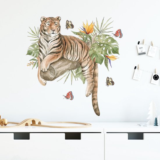 Muursticker Tigre - tropical - papillons - chambre d'enfant - chambre - salon - décoration - coloré - Stickerkamer®