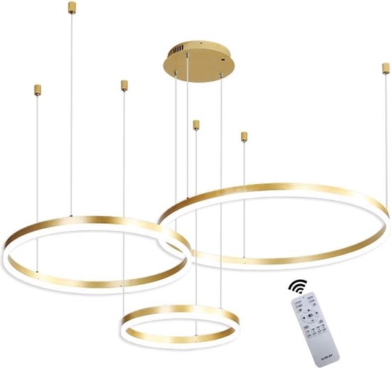 UnicLamps LED - Lampe suspendue à 3 Bagues - Lustre - Or - Dimmable - Lampe de salon - Lampe moderne - Plafonnier LED - Plafoniere