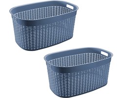 Hega Hogar Rotan line wasmand - 2x - blauw - inhoud 44 liter - kunststof - 58 x 39 x 27 cm