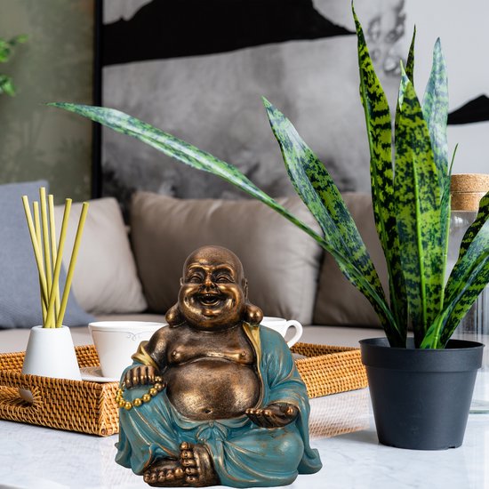 Statue de Bouddha Happy Shaman - intérieur/extérieur - pierre artificielle - or/jade - 22 x 23 cm - Fat Buddha