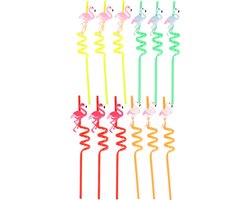 Hawaii/Flamingo thema feest drinkrietjes - 12x stuks - 26 cm - kunststof - Tropisch themafeest - herbruikbaar