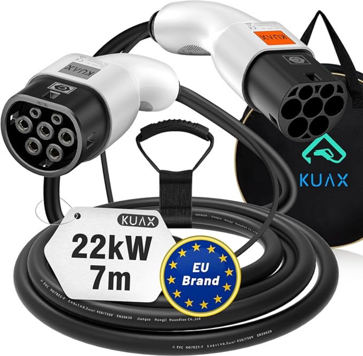 KUAX Type 2 Oplaadkabel voor Elektrische Auto's - 22 kW, 32A, Waterdicht (IP54), Geschikt voor Model S/3/X/Y, e-Golf/e-UP/ID.3, i3/i8 - 7m