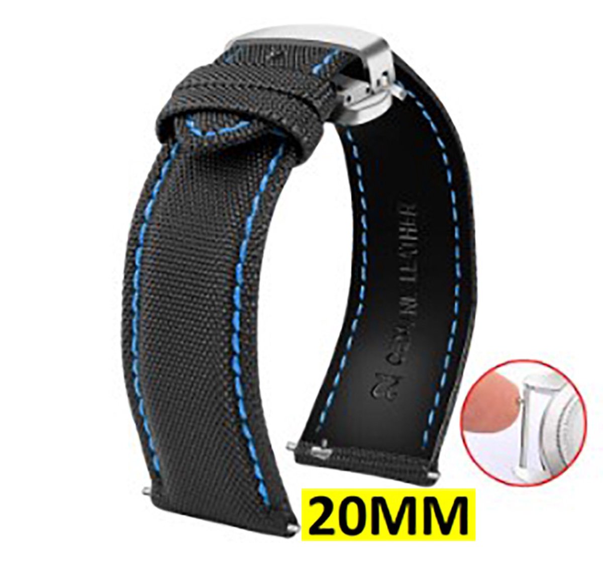 Nylon Horlogeband - Roestvrij Staal - Horlogeband - Zwart Blauw- 20MM