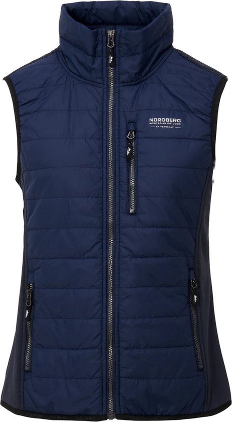 Gilet bleu marine pour femme avec col montant, fermeture éclair et panneaux matelassés. Impression textile sur la poitrine.