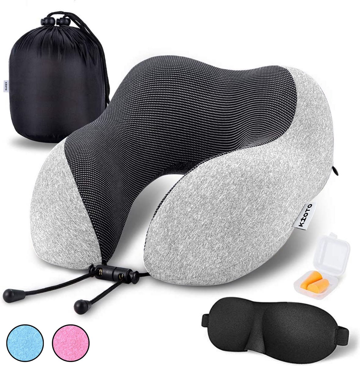 Kioto Reiskussen Nekkussen set - Vliegtuig en Auto - Nek Kussen Kind - Memory Foam - Gratis Slaapmasker, Oordoppen en Reistas - Optimale ondersteuning hoofd en nek - Lichtgrijs