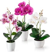 Fleurs artificielles en pots (35 cm) - lot de 3 orchidées artificiellement assorties dans des pots en céramique brillante, fleurs artificielles décoratives, orchidées artificielles (blanc-rosé)