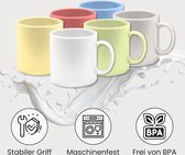 Koffiemok kunststof (set van 6, meerkleurig) - beker van plastic met handvat voor camping - drinkbeker voor kinderen en senioren (herbruikbaar - BPA-vrij - vaatwasmachinebestendig - voor de magnetron)