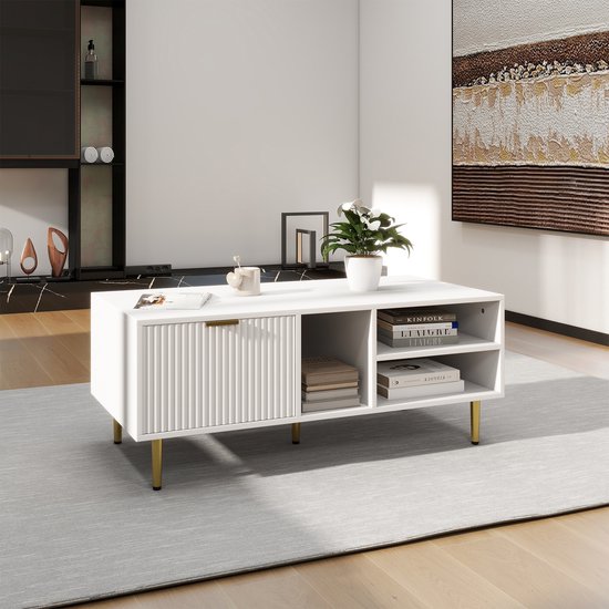 Sweiko Table basse élégante blanche avec ornements dorés, un tiroir, 3 compartiments de rangement ouverts – ajoutez du style à votre salon, table basse carrée, luxe léger et élégant