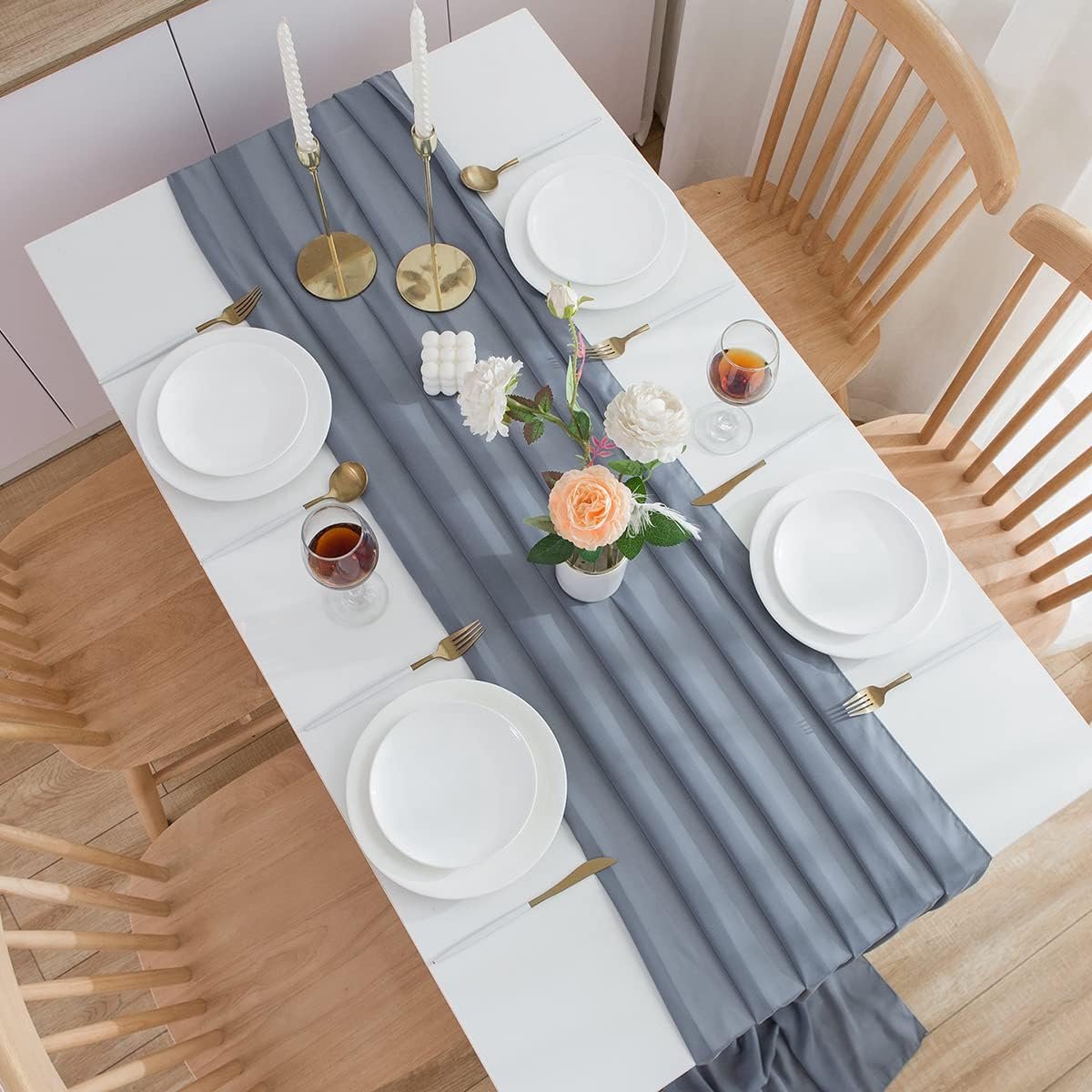 Tafelkleed, tafelloper, van chiffon, tafeldecoratie, 70 x 300 cm, grijs-blauw