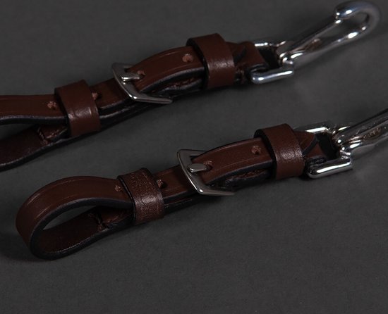Twee bruine leren lanyards met zilverkleurige karabijnsluitingen.