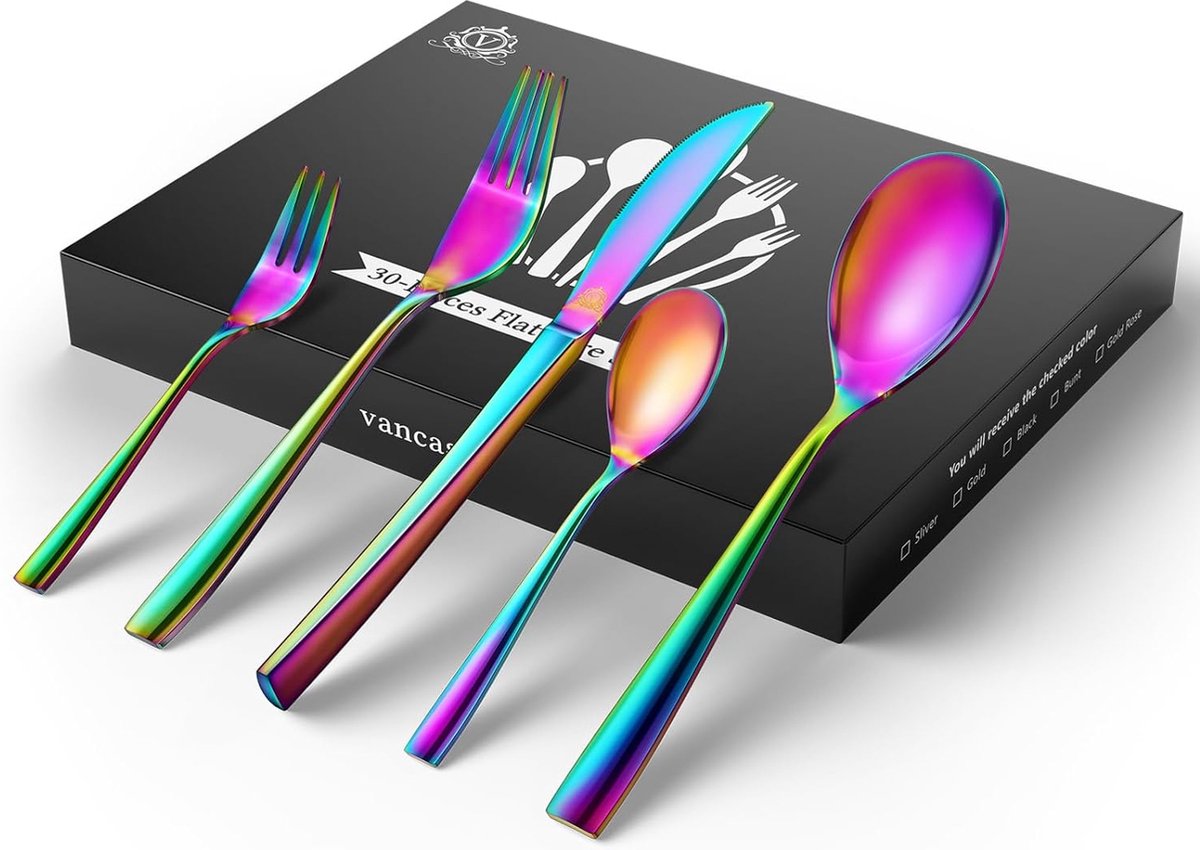 Bestekset regenboog 6 personen 30 stuks kleurrijke bestekset vaatwasmachinebestendig 6 x messen 6 x vorken 6 x lepels 6 x dessertvorken 6 x koffielepels 18 10 roestvrij staal gepolijst met geschenkdoos