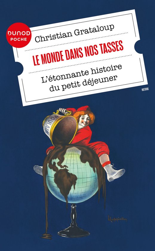 Boekomslag: 'Le monde dans nos tasses' met een illustratie van een jongen die chocolade in de wereld giet.