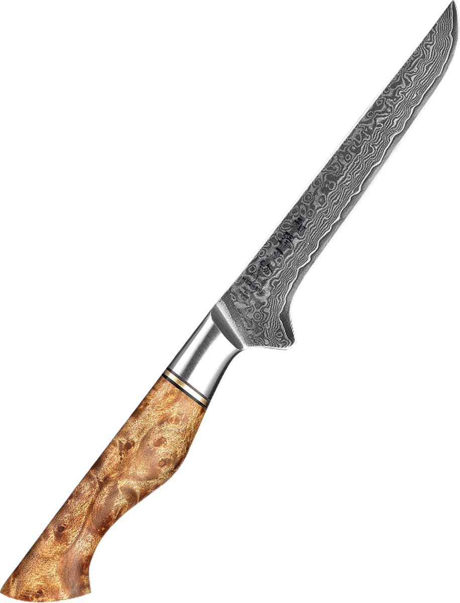 Professioneel 6" Uitbeenmes | Damascus staal (67 lagen) | HEZHEN B30 Series | Handvat van Plataanhout met Klinknagel Mozaïek