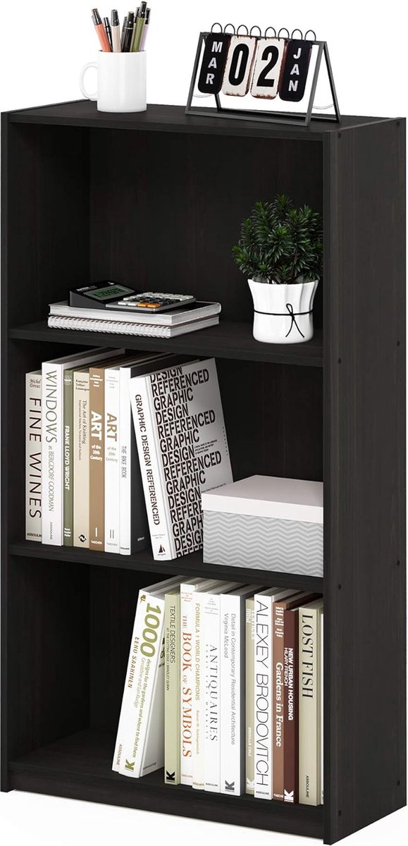 Basic boekenkast met 3 vakken, opbergrek, gelaagd hout, espresso, 23,49 x 23,49 x 100,33 cm