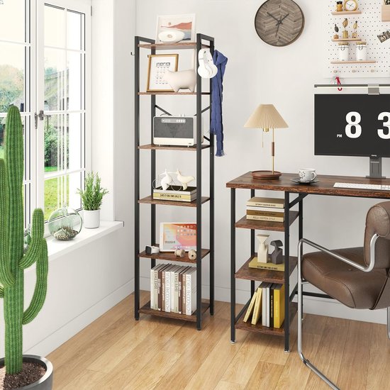 YMYNY Bookshelf, 5 Tier Storage Rack Plant Rack Steel Frame Storage Rack for Living Room Office Study Hallway Industrial Style Rustic Brown Black