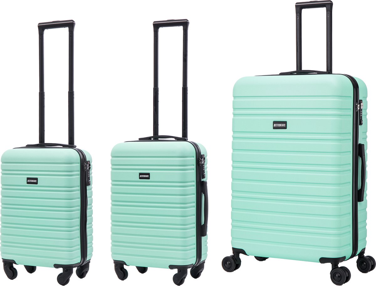 BlockTravel - kofferset - 3 delig - ABS - ruimbagage en handbagage - 29 39 en 95 liter - inbouw TSA slot - mint groen