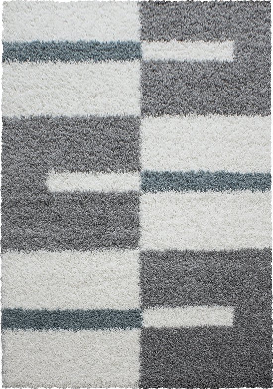 Basic Shaggy Geblokt vloerkleed Turquoise / Wit Hoogpolig - 200x290 CM | Leen Bakker