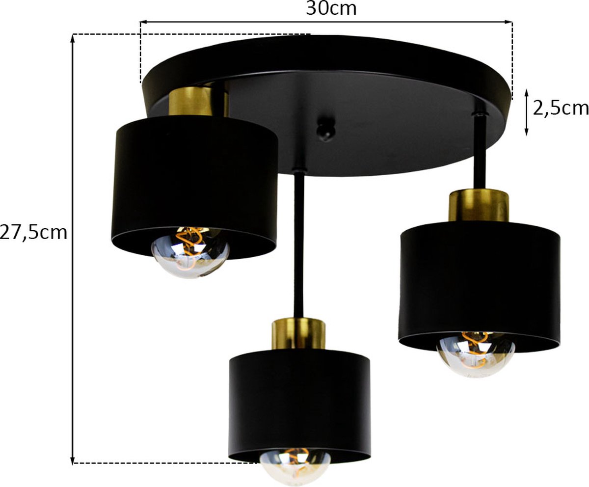 TooLight Plafondlamp - 3 lichtpunten - verstelbare E27 lampenkappen - zwart/rosé goud