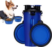 Draagbare waterfles en voederfles, 2-in-1 drinkfles met 2 vouwkommen voor honden, hondenbak, opvouwbaar, waterbak voor kamperen, wandelen, training, onderweg (blauw)