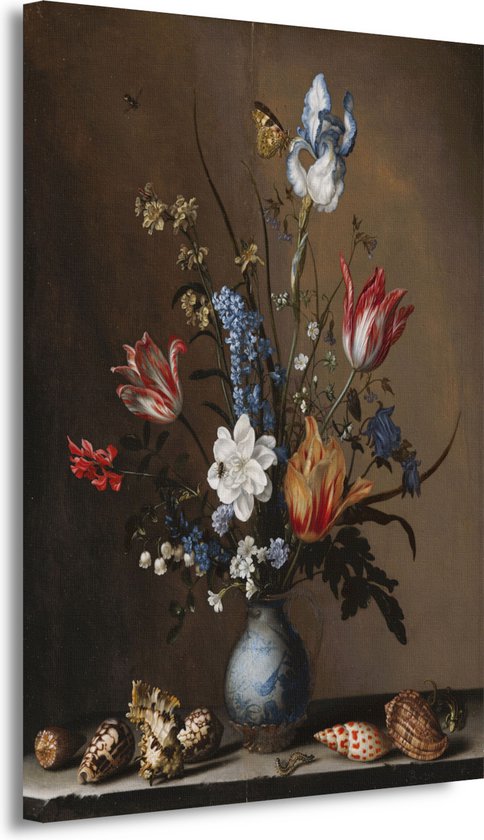 Bloemen in een Wan-Li vaas met schelpen - Balthasar van der Ast wanddecoratie - Bloemen wanddecoratie - Schilderij op canvas Natuur - Modern schilderij - Muurdecoratie canvas - Kunst aan de muur 50x70 cm