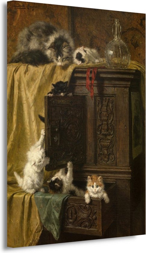 Onbescheiden - Henriëtte Ronner-Knip wanddecoratie - Katten wanddecoratie - Canvas schilderij Dieren - Modern schilderij - Schilderij op canvas - Decoratie slaapkamer 75x100 cm