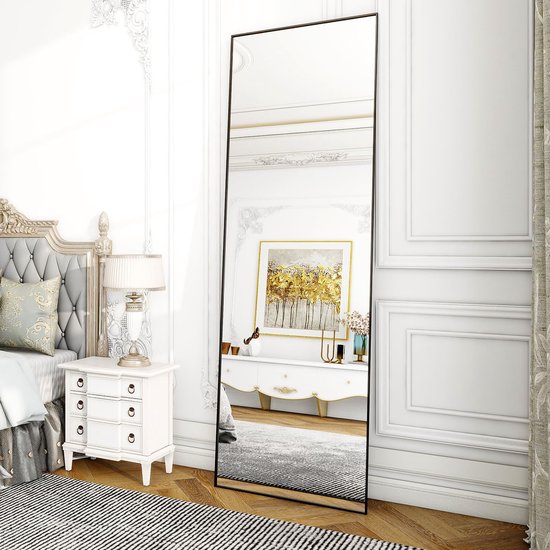 Spiegel groot 53 x 163 cm, minimalistische lijst, staande spiegel, robuust, modern, staand, grote wandspiegel, horizontaal of verticaal hangend, voor slaapkamer, zwart