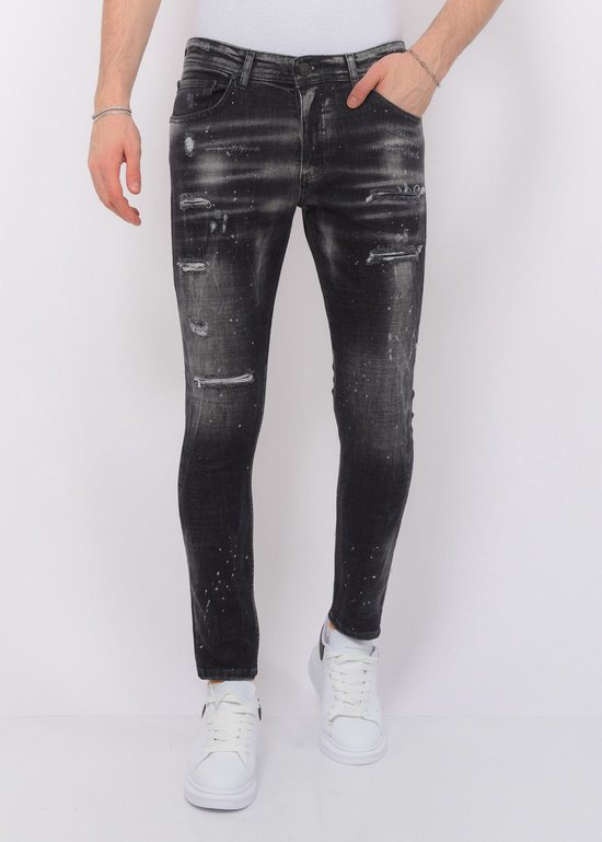 Paint Splatter Destroy Jeans Stonewash Homme - Coupe Slim -1084- Zwart