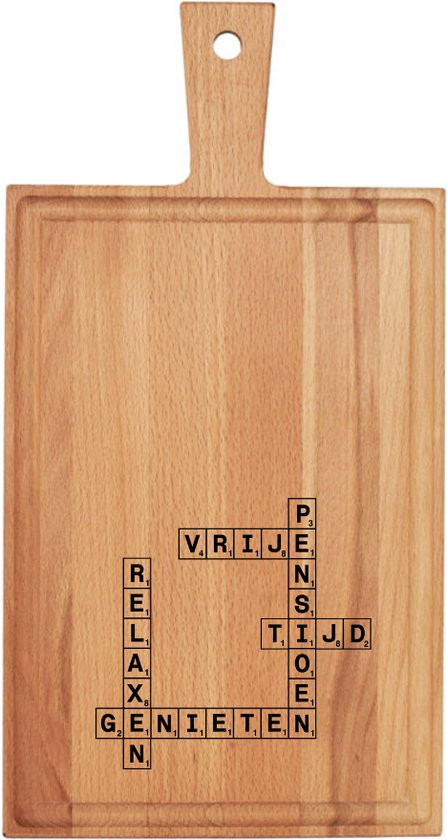 Foto: Borrelplank met scrabble opdruk pensioen cadeau srabble afscheidscadeau werknemer collega persoonlijk cadeau tapasplank serveerplank rechthoek hout met opdruk