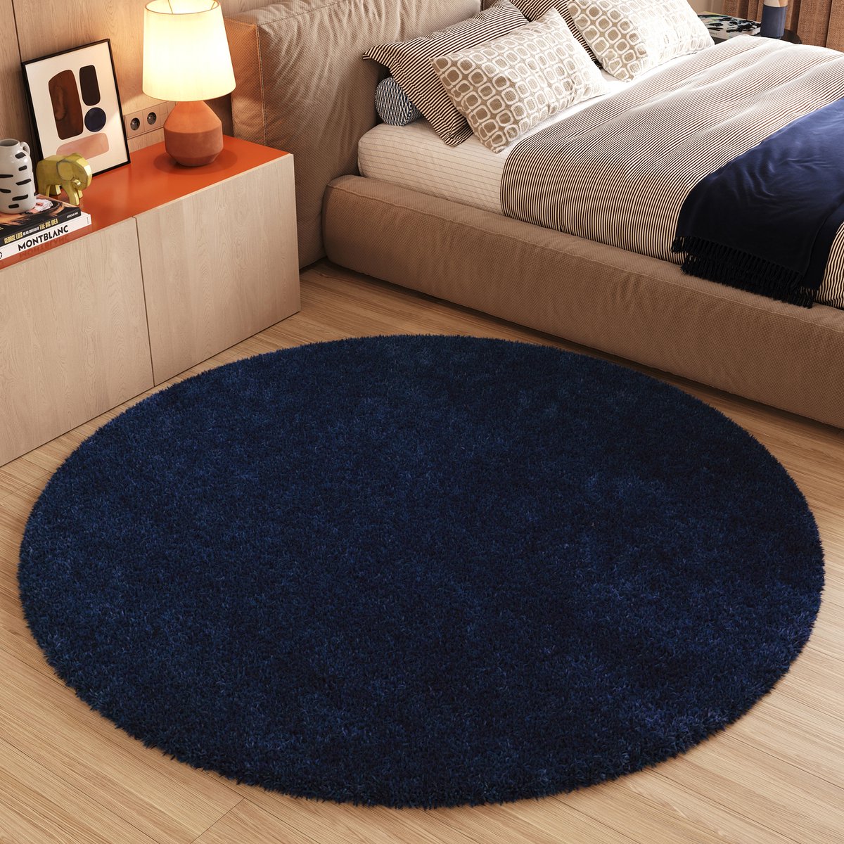 Tapiso Essence Vloerkleed Navy Hoogpolig Shaggy Woonkamer Tapijt Maat- 120x120