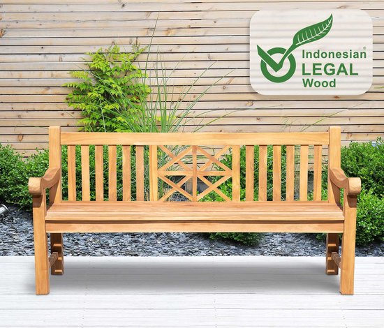 Teakhouten tuinbank met decoratief patroon in de rugleuning, in een tuin setting met houten schutting.
