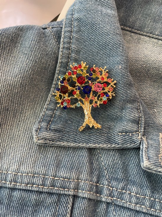 Broche Arbre De Vie – Acier Doré Et Strass Multicolores – Bijou Fantaisie Original