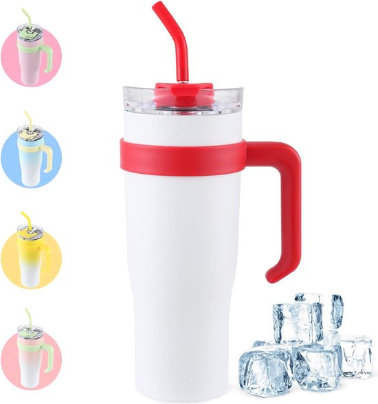 Moollyfox 1200 ML Tasse Isotherme à Double Paroi En Acier Inoxydable Avec Poignée Tasse à Café Voyage Voiture Avec Paille En Acier Inoxydable Et Couvercle En Silicone Rose Clair