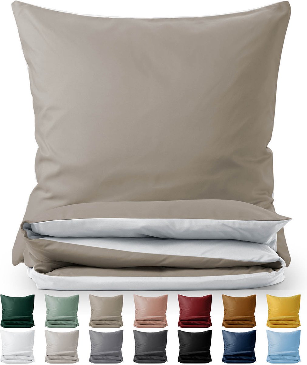 Blumtal Dekbedovertrek Set Tweekleurig - Luxe Beddengoed - 200 x 220 cm - 2 x Kussensloop 40 x 80 cm - Taupe en Wit