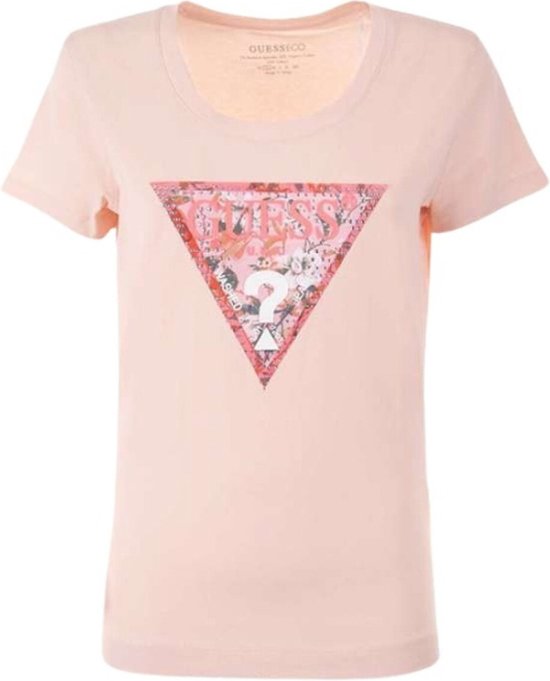 Guess SS RN Satin Triangle Tee Dames T-Shirt - Wanna Be Pink - Maat XS