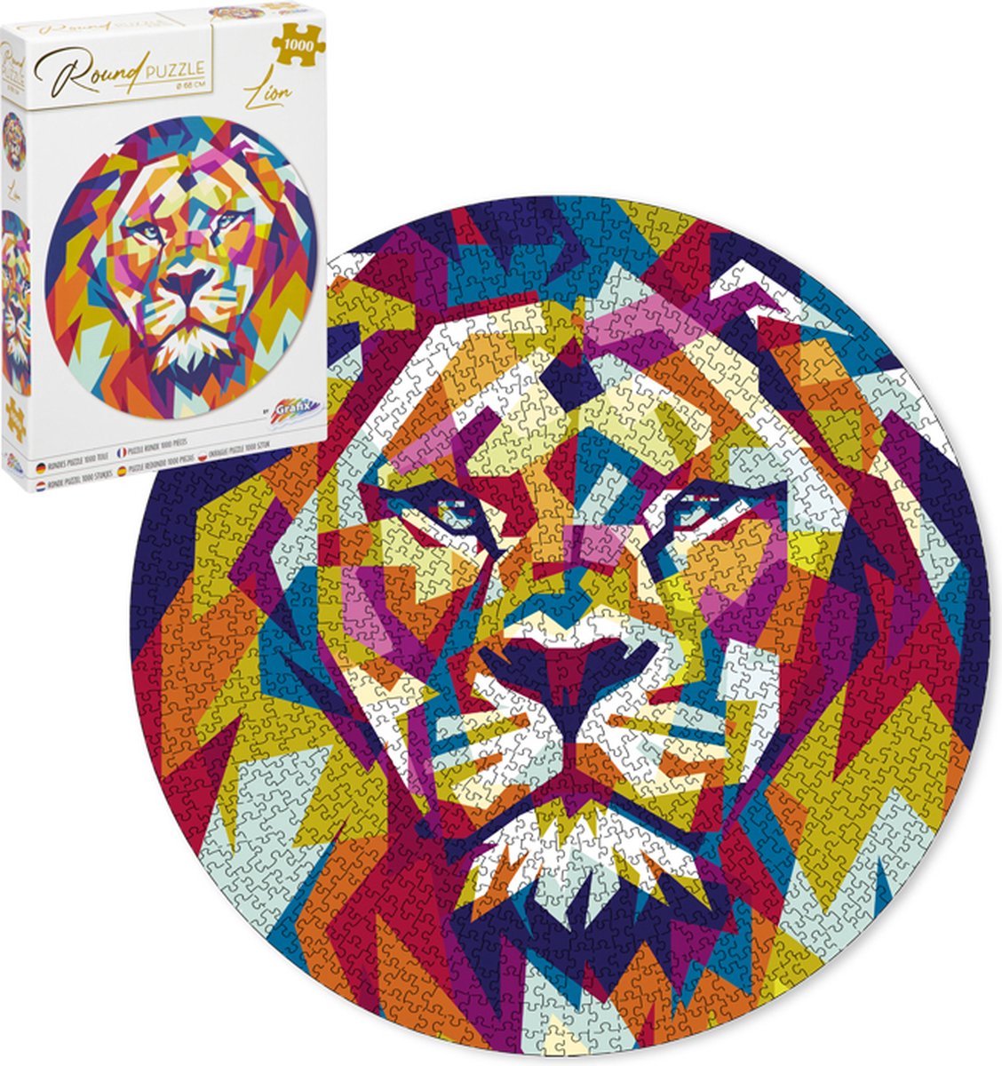 Grafix Deco by Machiels- set van 3 Ronde Puzzels 1000 stukjes voor volwassenen Leeuw -Mandala-Tropics- Legpuzzel Diameter 68 CM Geschikt voor kinderen vanaf 14 jaar