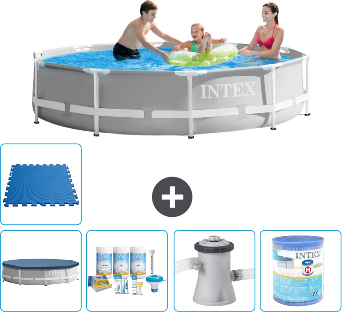 Intex Prism Frame Intex Rond Prism Frame Zwembad 305 x 76 cm Grijs Inclusief Afdekzeil Onderhoudspakket Zwembadfilterpomp Filter Vloertegels