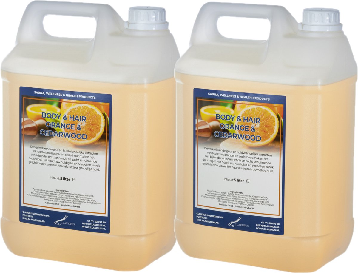 Goedkoopste Body & Hair Sweet Orange & Cedarwood- 5 Liter - set van 2 stuks - 2 in 1 voor lichaam en haar.