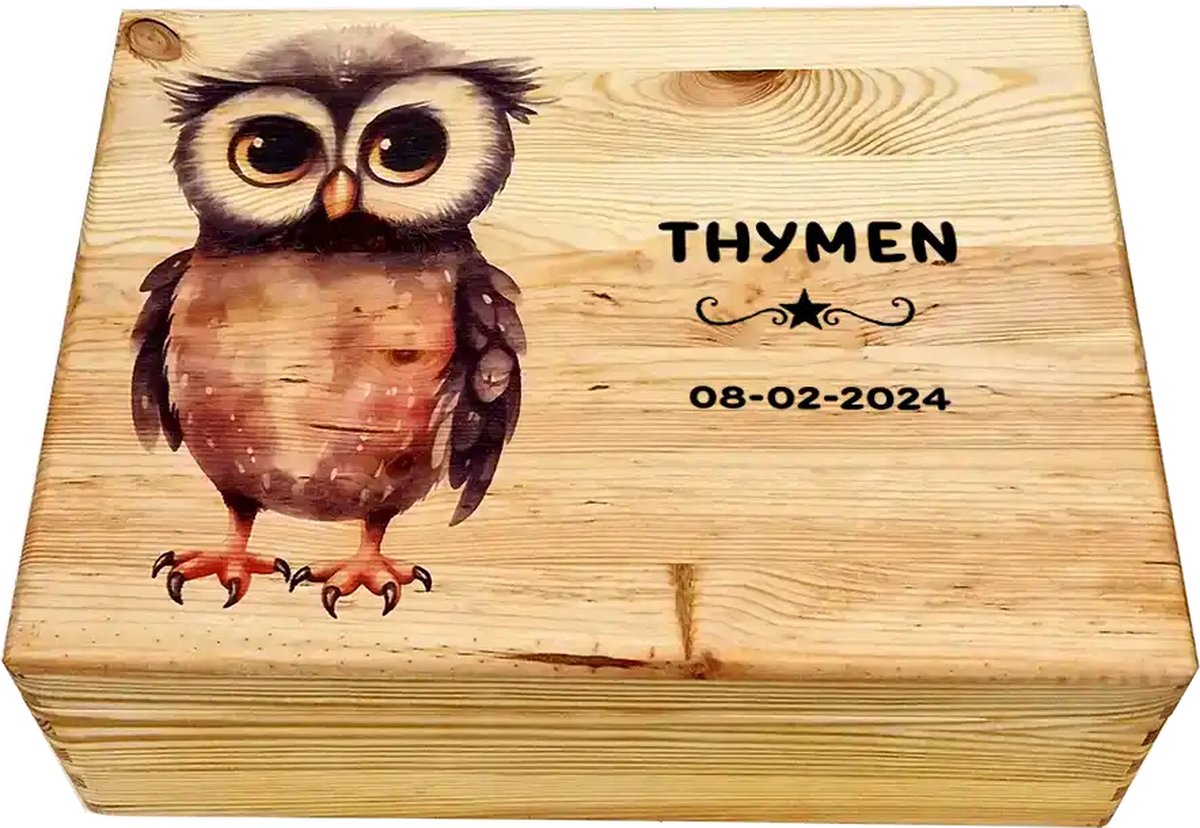 Goedkoopste HoutenFrits - Herinneringskist - Geboortekist - met uil - Personaliseerbaar met Baby Naam